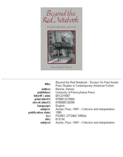 Beyond the Red Notebook: Essays on Paul Auster (Penn Studies in Contemporary American Fiction)