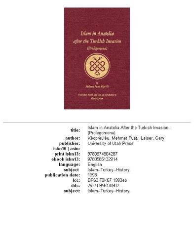 Islam in Anatolia After the Turkish Invasion (Prolegomena)