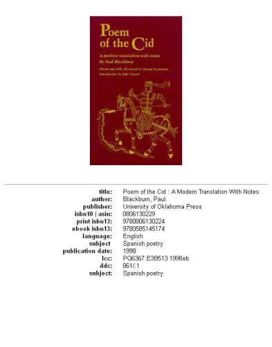Poem of the Cid: A Modern Translation With Notes