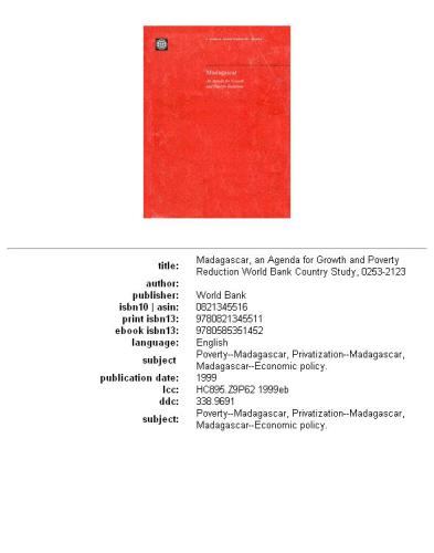 Madagascar: An Agenda for Growth and Poverty Reduction (World Bank Country Study)