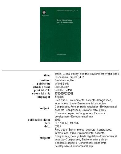 Trade, Global Policy, and the Environment (World Bank Discussion Paper)