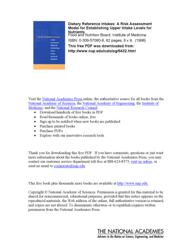 Dietary Reference Intakes: A Risk Assessment Model for Establishing Upper Intake Levels for Nutrients