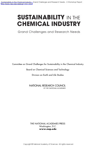 Sustainability in the Chemical Industry: Grand Challenges And Research Needs -- a Workshop Book