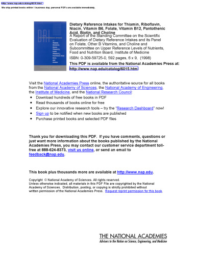 Dietary Reference Intakes for Thiamin, Riboflavin, Niacin, Vitamin B6, Folate, Vitamin B12, Pantothenic Acid, Biotin, and Choline (Dietary Reference Series)