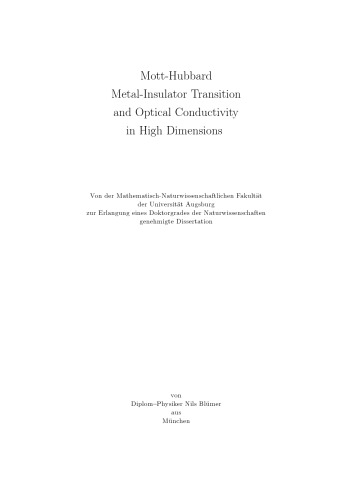 Mott-hubbard Metal-insulator Transition and Optical Conductivity in High Dimensions (Berichte Aus Der Physik)