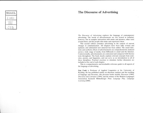 The Discourse of Advertising (Interface (London, England).)