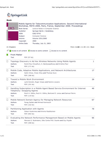 Mobile Agents for Telecommunication Applications: Second International Workshop, MATA 2000 Paris, France, September 18–20, 2000 Proceedings