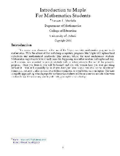 Introduction to Maple For Mathematics Students