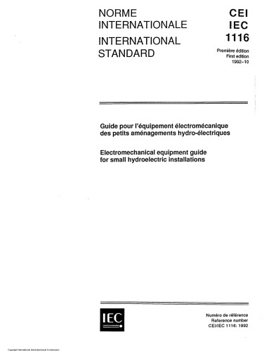 IEC 61116 Ed. 1.0 b:1992, Electromechanical equipment guide for small hydroelectric installations