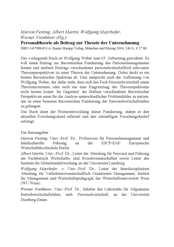 Personaltheorie als Beitrag zur Theorie der Unternehmung