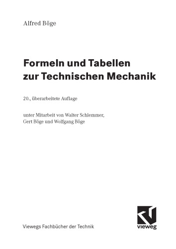 Formeln und Tabellen zur Technischen Mechanik, 20.Auflage  GERMAN 