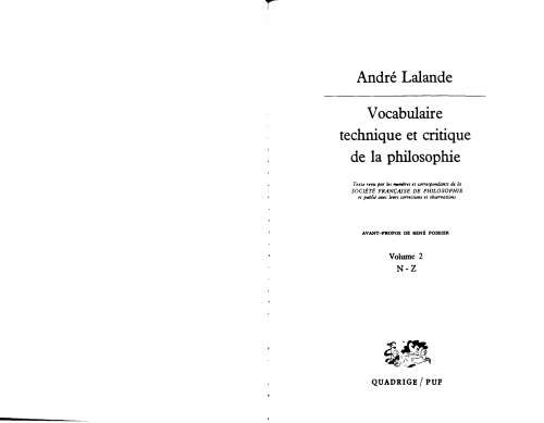 Vocabulaire technique et critique de la philosophie, Vol. 2 N-Z, 4e édition