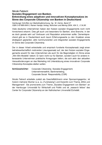 Soziales Engagement von Banken: Entwicklung eines adaptiven und innovativen Konzeptansatzes im Sinne des Corporate Citizenship von Banken in Deutschland