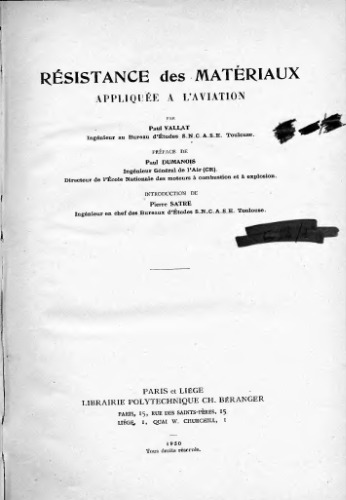 Résistance des matériaux appliquée à l'aviation
