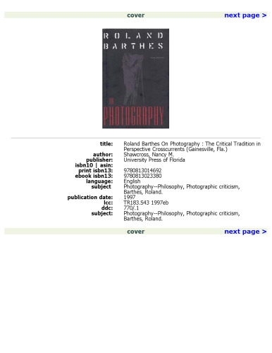 Roland Barthes on Photography: The Critical Tradition in Perspective (Crosscurrents)