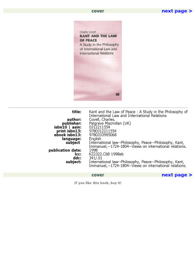 Kant and the Law of Peace: A Study in the Philosophy of International Law and International Relations