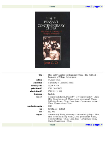 State and Peasant in Contemporary China: The Political Economy of Village Government (Center for Chinese Studies, University of Michigan)