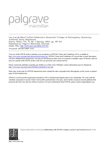 Can Less Be More? Leftist Deliberative Democrats' Critique of Participatory Democracy