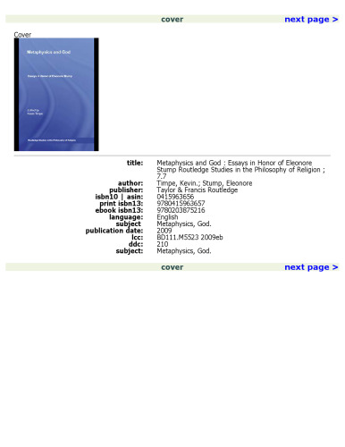 Metaphysics and God: Essays in Honor of Eleonore Stump (Routledge Studies in the Philosophy of Religion)