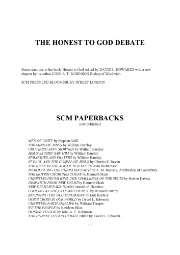 The Honest to God Debate: Some Reactions to the Book 'Honest to God'