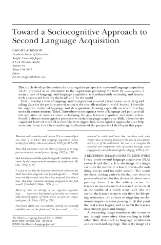 Toward a Sociocognitive Approach to Second Language Acquisition
