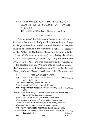 The Responsa of the Babylonian Geonim as a Source of Jewish History