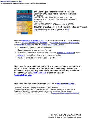 The Learning Healthcare System: Workshop Summary (IOM Roundtable on Evidence-Based Medicine)