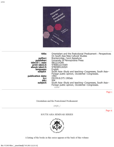 Orientalism and the Postcolonial Predicament: Perspectives on South Asia (South Asia Seminar)