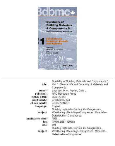 Durability of Building Materials and Components 8: Service life and durability of materials and components