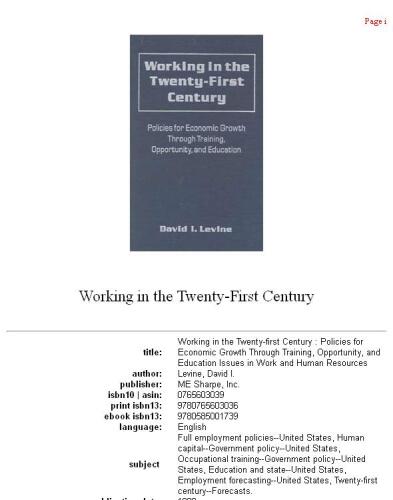 Working in the twenty-first century: policies for economic growth through training, opportunity, and education