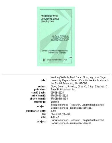 Working with archival data: studying lives, Volume 88; Volume 1993