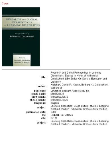 Research and global perspectives in learning disabilities: essays in honor of William M. Cruickshank