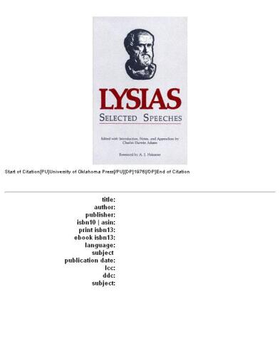 Lysias ; selected speeches XII, XVi, XIX, XXII, XXIV, XXV, XXXII, XXXIV