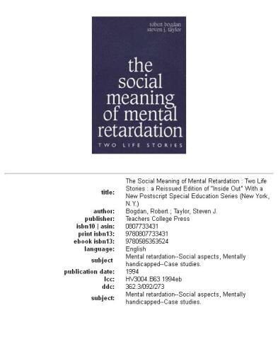 The social meaning of mental retardation: two life stories : a reissued edition of 'Inside out' with a new postscript