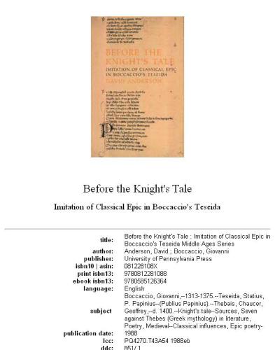 Before the knight's tale: imitation of classical epic in Boccaccio's Teseida