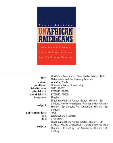 UnAfrican Americans: nineteenth-century Black nationalists and the civilizing mission