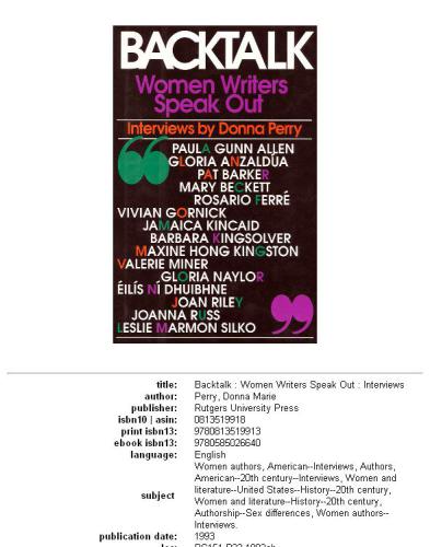 Backtalk: women writers speak out : interviews