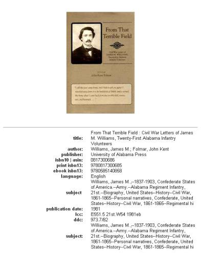 From that terrible field: Civil War letters of James M. Williams, Twenty-First Alabama Infantry Volunteers