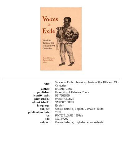 Voices in exile: Jamaican texts of the 18th and 19th centuries