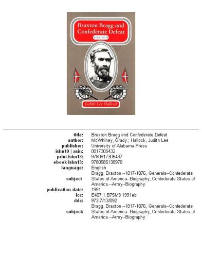 Braxton Bragg and Confederate defeat, Volume 2