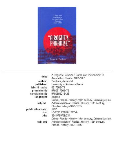 A rogue's paradise: crime and punishment in Antebellum Florida, 1821-1861