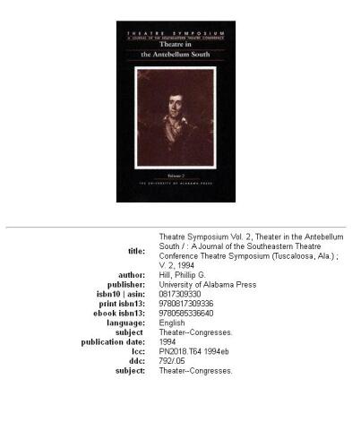 Theatre in the Antebellum South, Volume 2