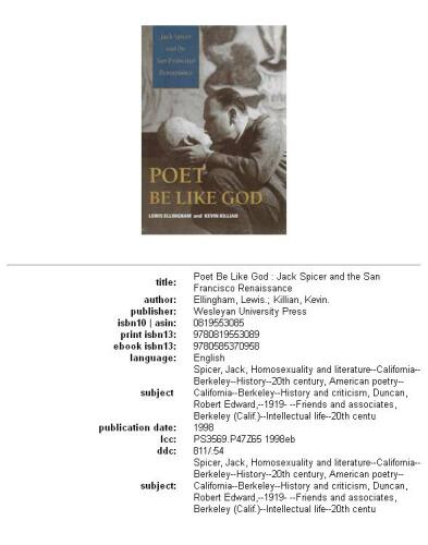 Poet be like God: Jack Spicer and the San Francisco renaissance