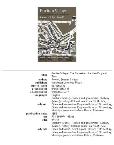 Puritan village: the formation of a New England town