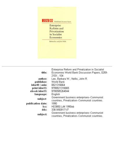 Enterprise reform and privatization in socialist economies, Parts 63-104