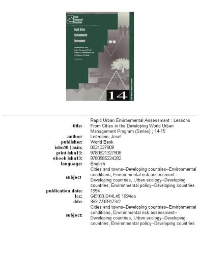 Rapid urban environmental assessment: lessons from cities in the developing world, Volume 2