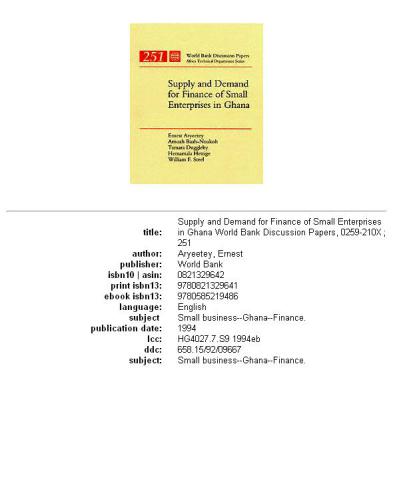 Supply and demand for finance of small enterprises in Ghana