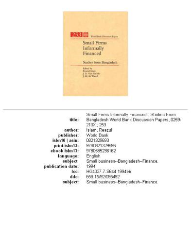 Small firms informally financed: studies from Bangladesh, Parts 63-253