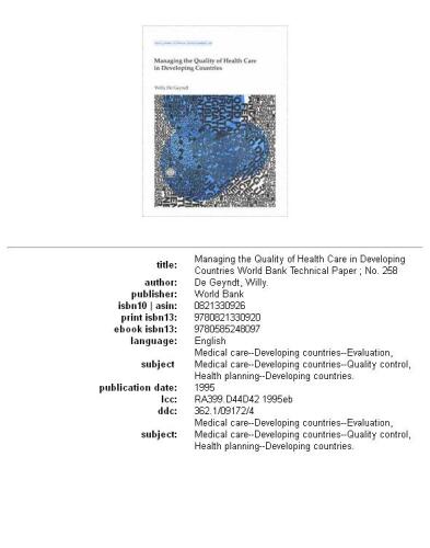Managing the quality of health care in developing countries, Volumes 23-258