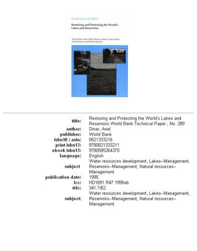 Restoring and protecting the world's lakes and reservoirs, Volumes 23-289